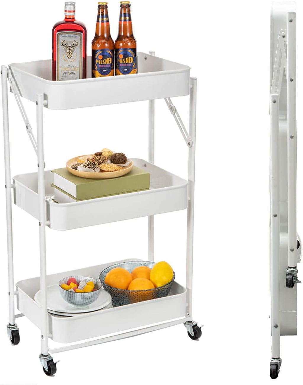 3 Tier Foldable Metal Rolling Cart with Wheels (Pink) S4930