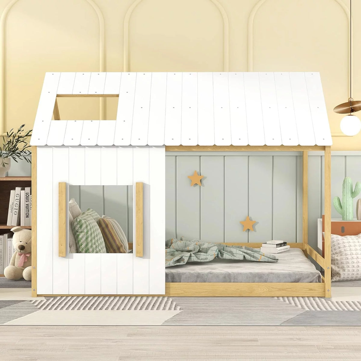 White Natural Full Size Wood House Bed with Roof and Window J267