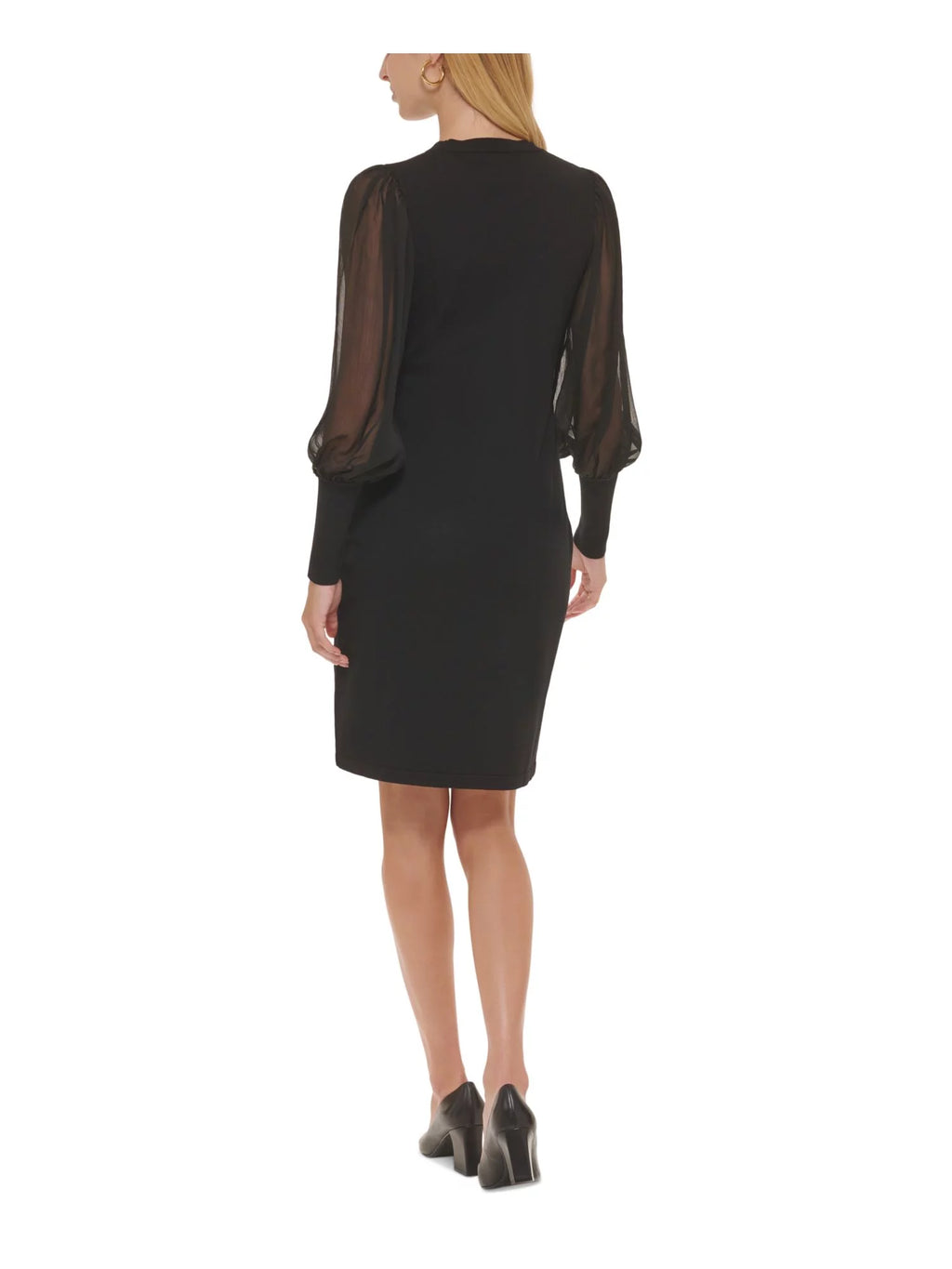 Black Ribbed Sheer Crew Neck Knee Length Sheath Dress Y843078