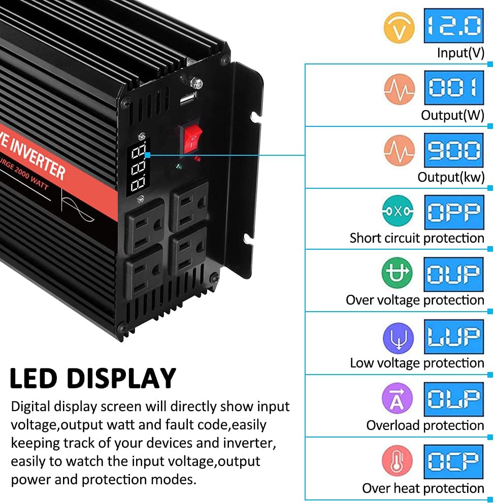 1000 Watt Pure Sine Wave Inverter 12v DC to 110/120v AC with Wireless Remote Control M955