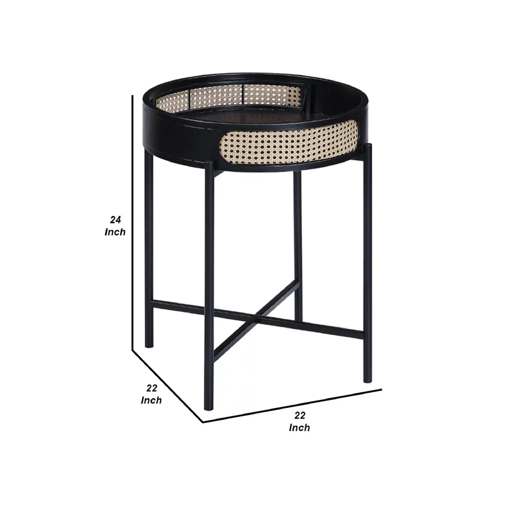 24 Inch Round End Table Rattan Accent Metal Legs Black L716400