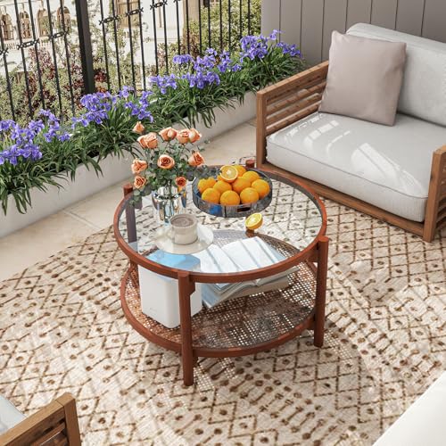 Rattan Round Glass Coffee Table with Storage Shelf X477709