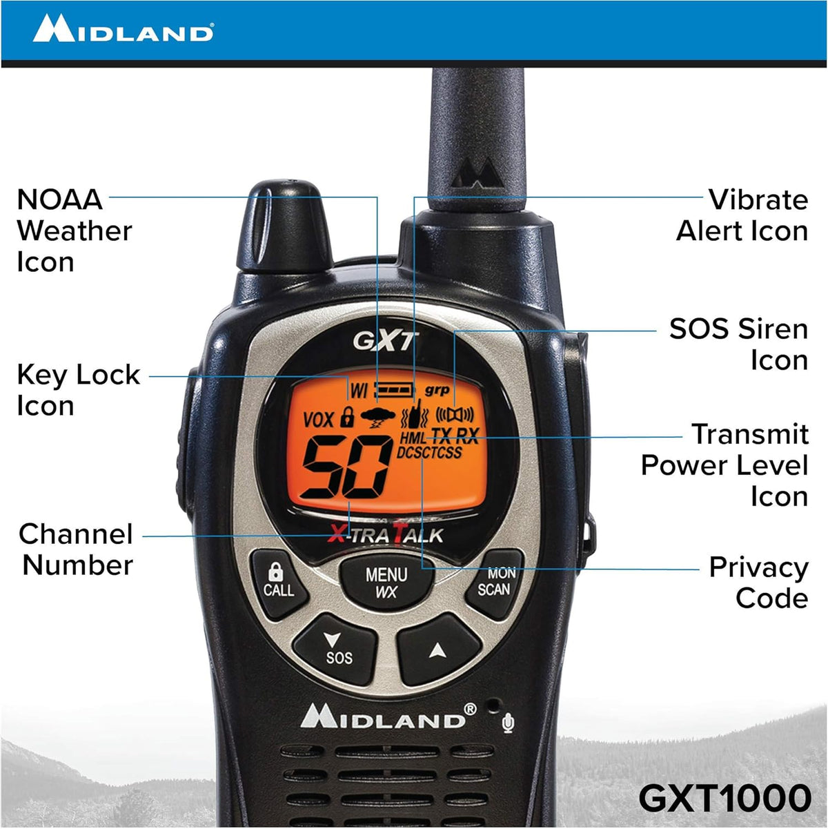 50 Channel GMRS Two-Way Radio Walkie Talkie Black/Silver Pack of 6 S728
