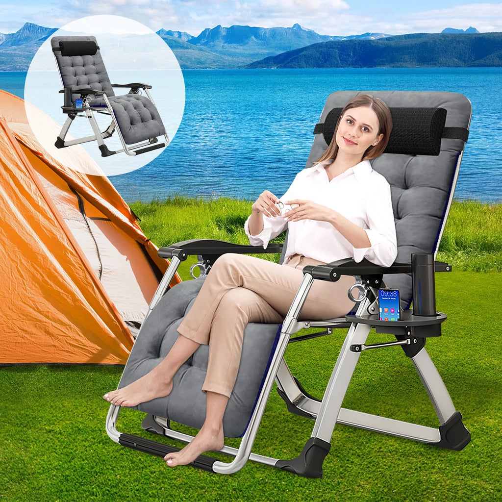 Zero Gravity Chair Set of 2 Gray Folding Recliner with Pillows and Cup Holder Y47697