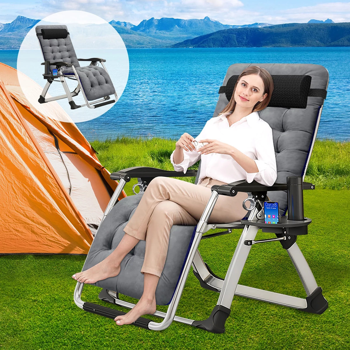 Zero Gravity Chair Set of 2 Gray Folding Recliner with Pillows and Cup Holder Y47697
