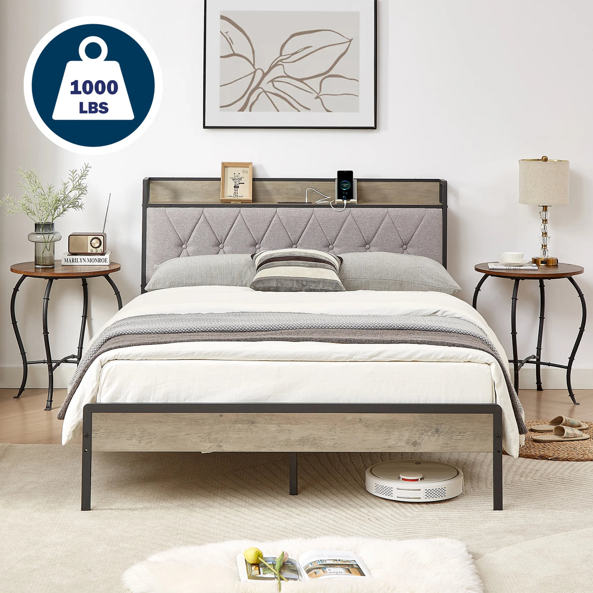 Full Size Platform Bed with Storage Headboard and Charging Station E187