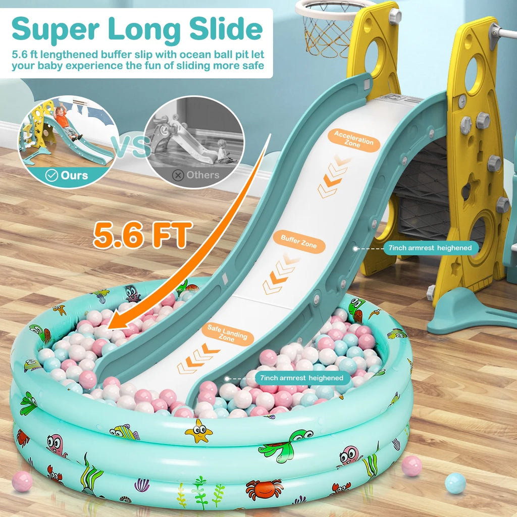 6 in 1 Toddler Slide and Swing Set with Basketball Hoop J305349