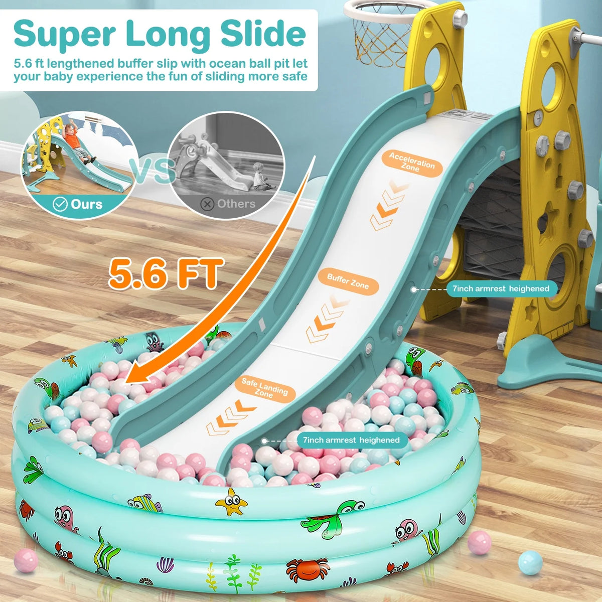 6 in 1 Toddler Slide and Swing Set with Basketball Hoop J305349