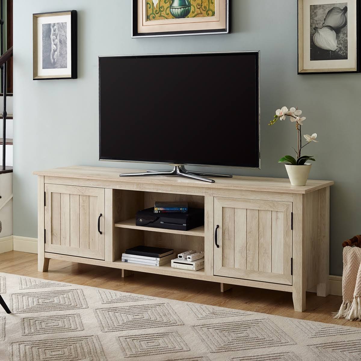 Sand Modern Farmhouse Console with Side Beadboard Doors N1914