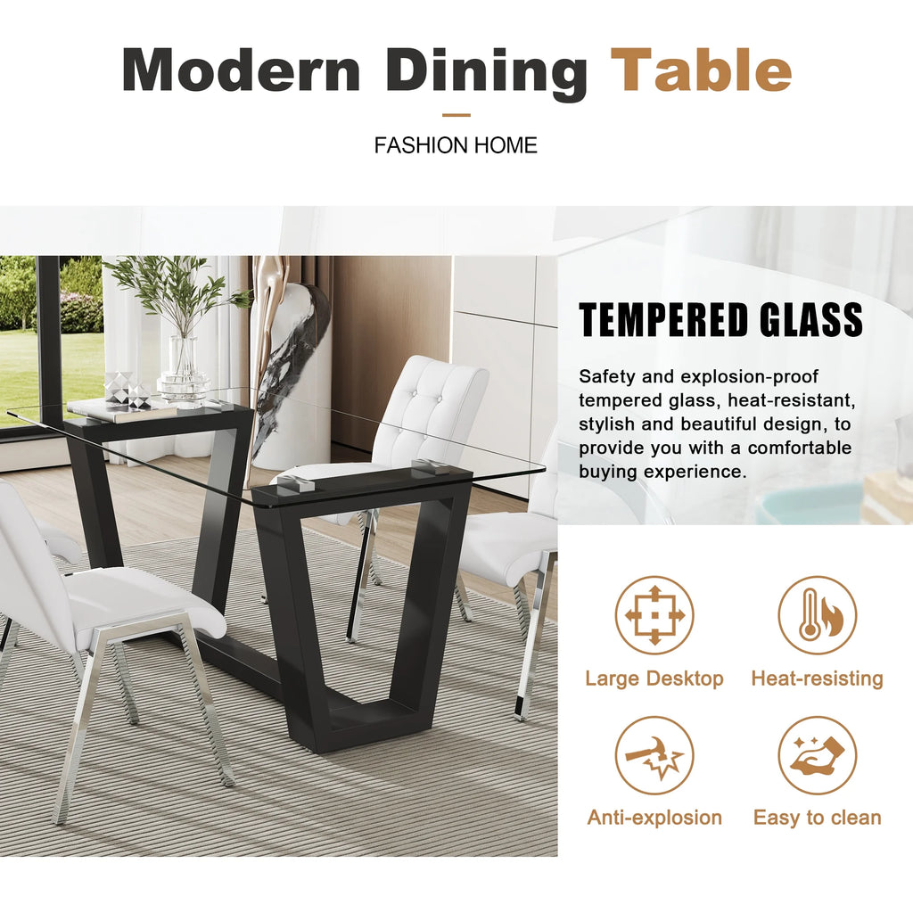 63" Rectangular Tempered Glass Dining Table with Black MDF Legs H8112