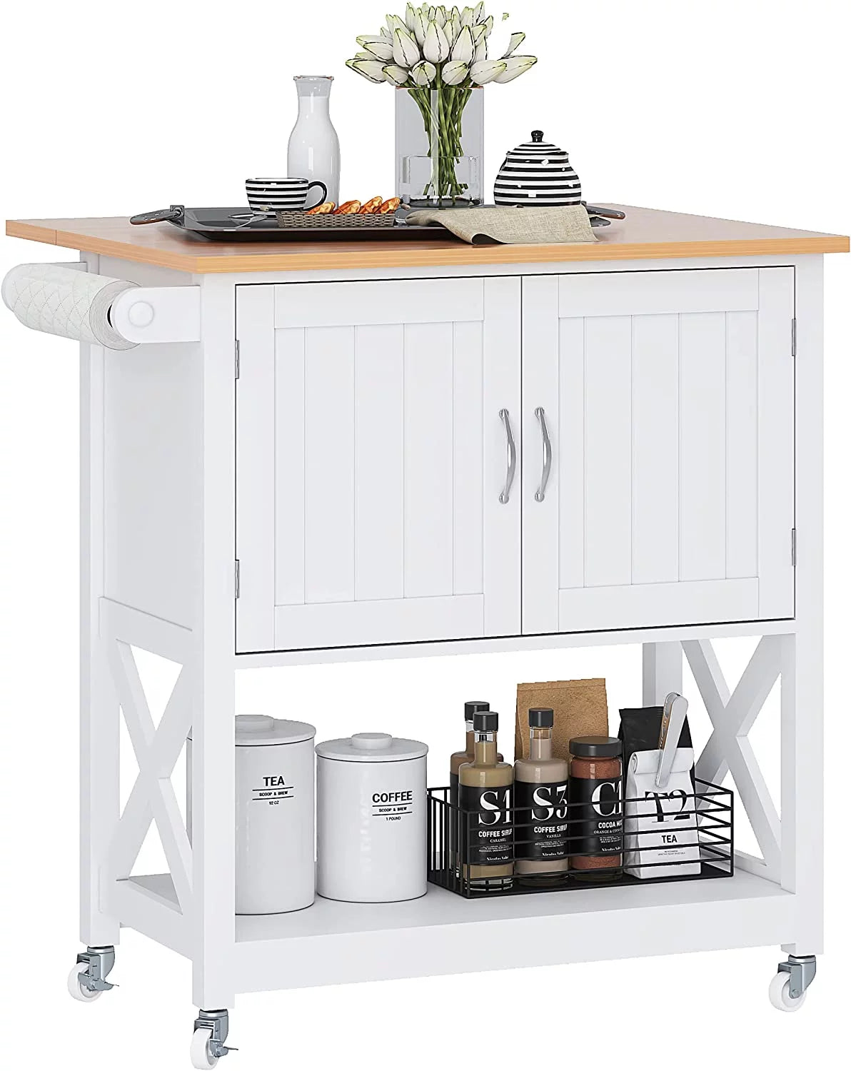 White Kitchen Island on Wheels with Storage Cabinet and Drop Leaf G3567