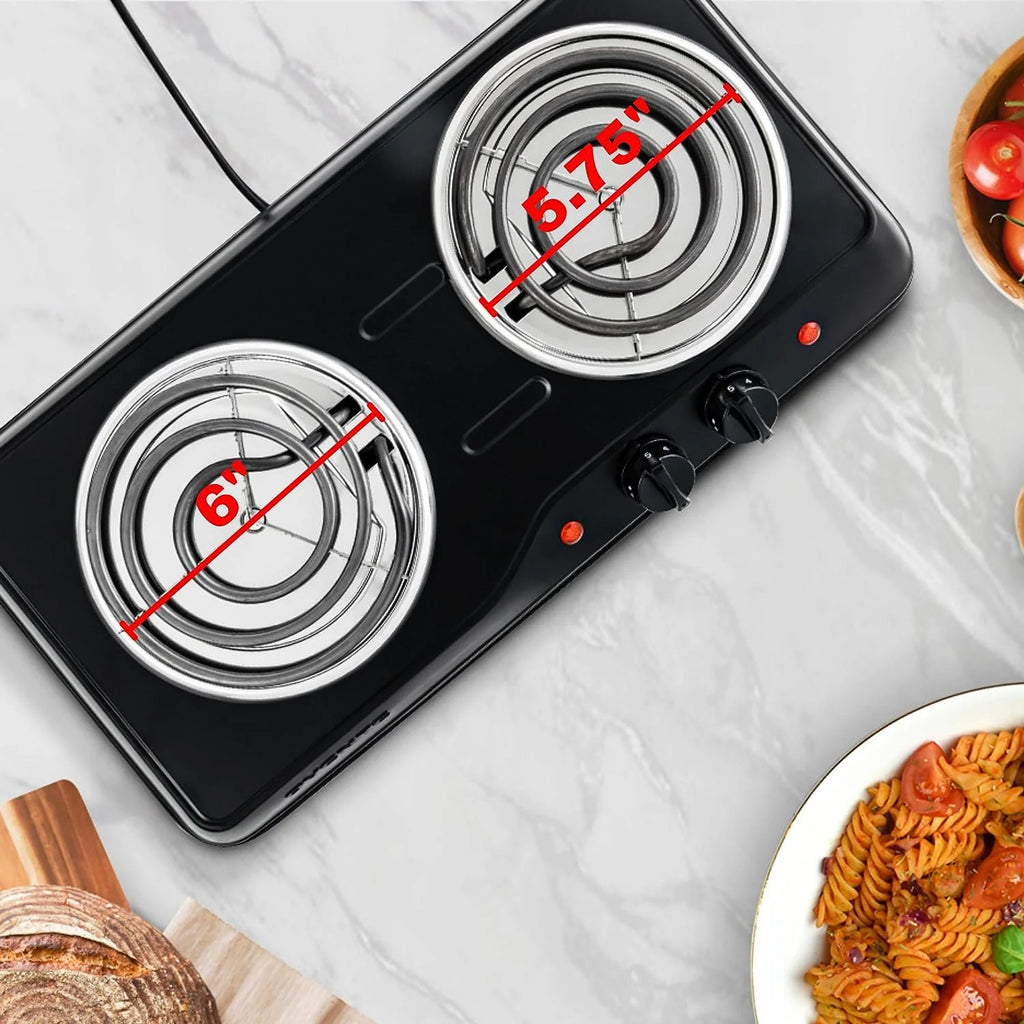 Electric Countertop Double Burner 1700W Stainless Steel Coil Black G323010