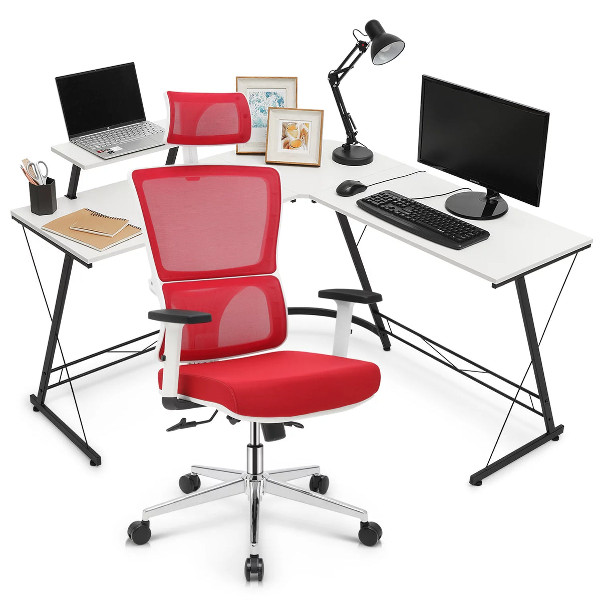 Computer Desk & Chair Set Adjustable Swivel Office Chair L Shaped Writing Table Workstation with Monitor Stand Red J702