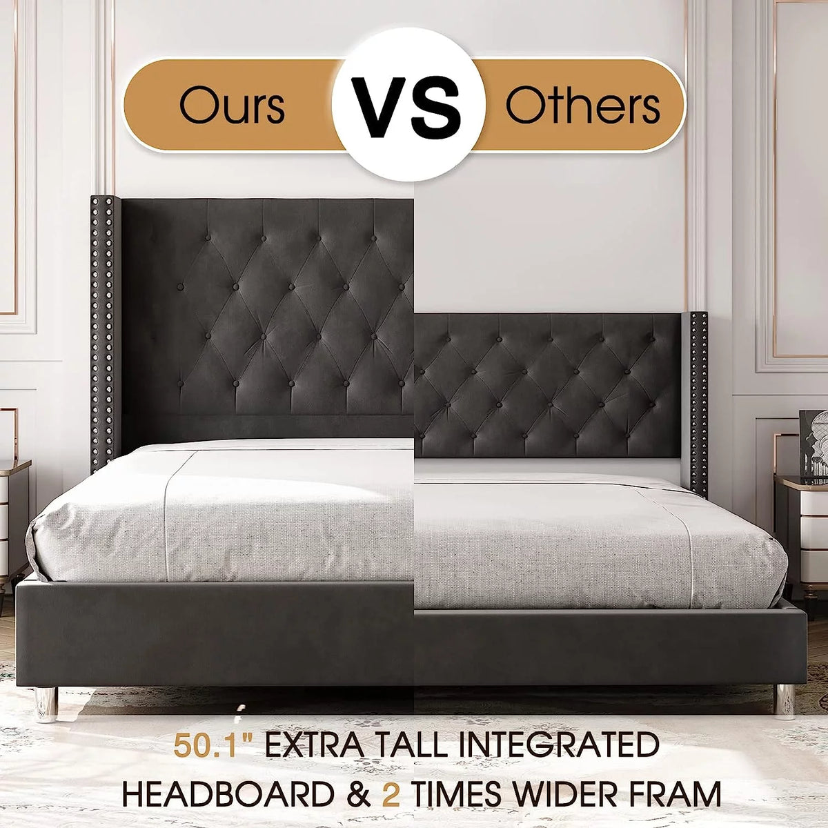 King Size Velvet Upholstered Platform Bed Frame N797