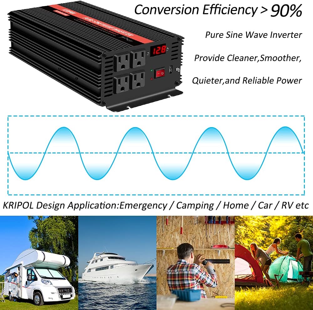1000 Watt Pure Sine Wave Inverter 12v DC to 110/120v AC with Wireless Remote Control M955