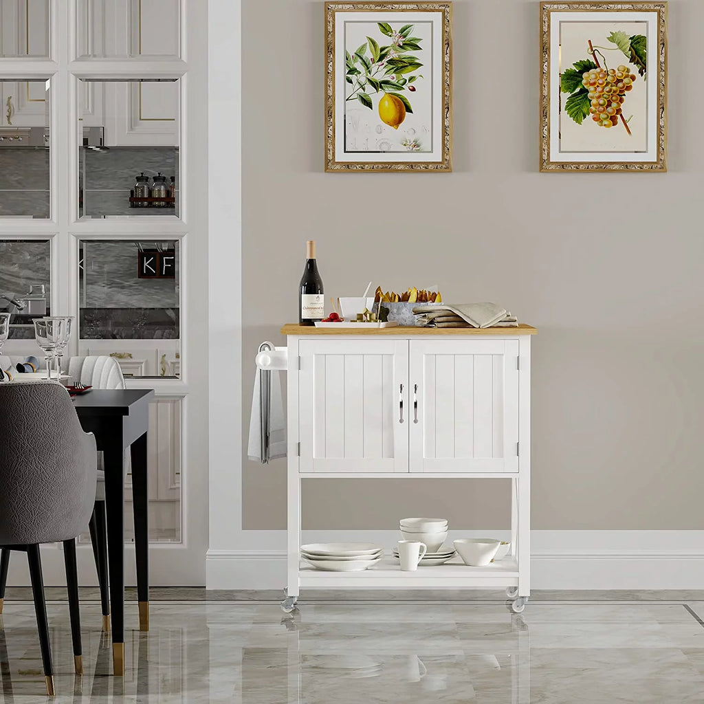 White Kitchen Island on Wheels with Storage Cabinet and Drop Leaf G3567