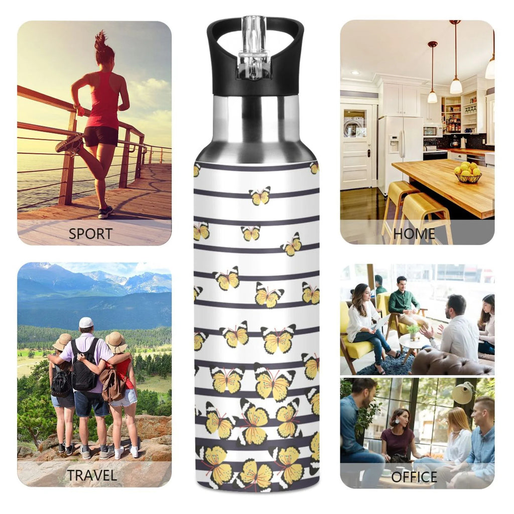 Navy Blue Striped Stainless Steel Vacuum Insulated Water Bottle with Straw Lid 20 OZ K787