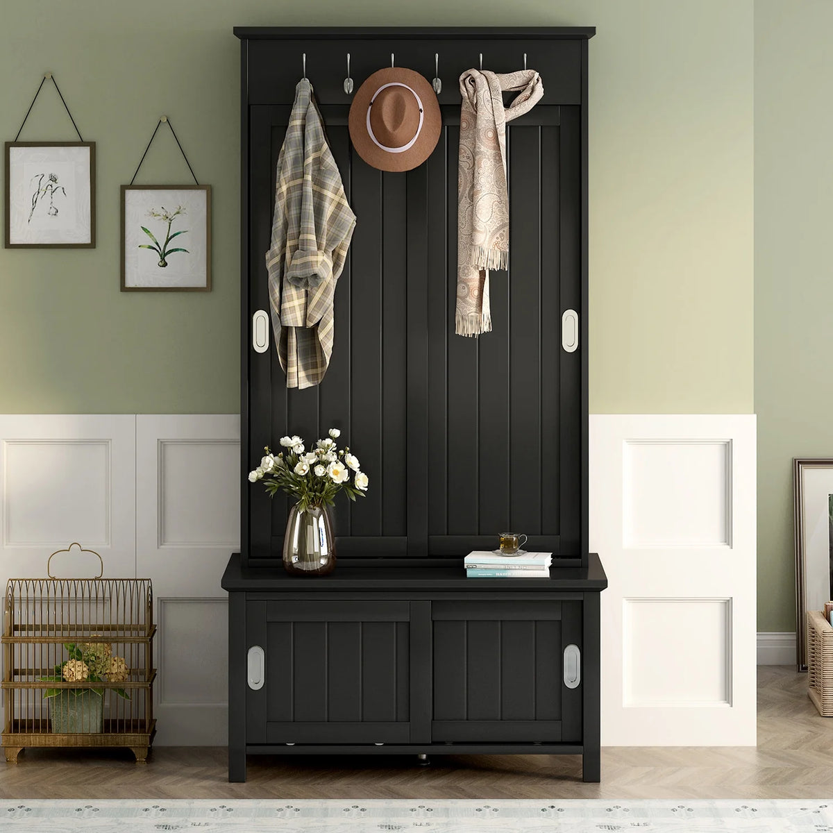 Black Wooden Hall Tree with Bench and Shoe Storage D608