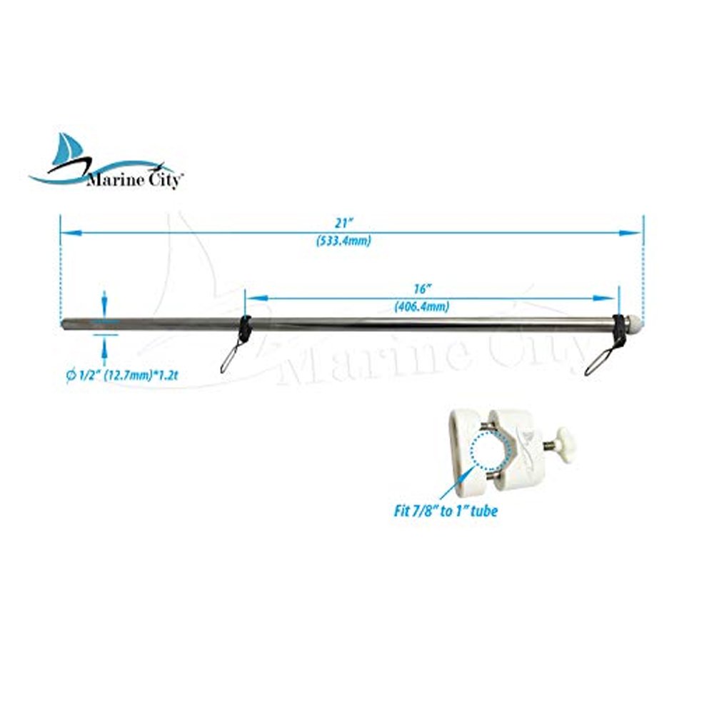 21" Stainless Steel Rail Mounted Flag Staff with Black Plastic Flag Pole Base for Boat Yacht D435