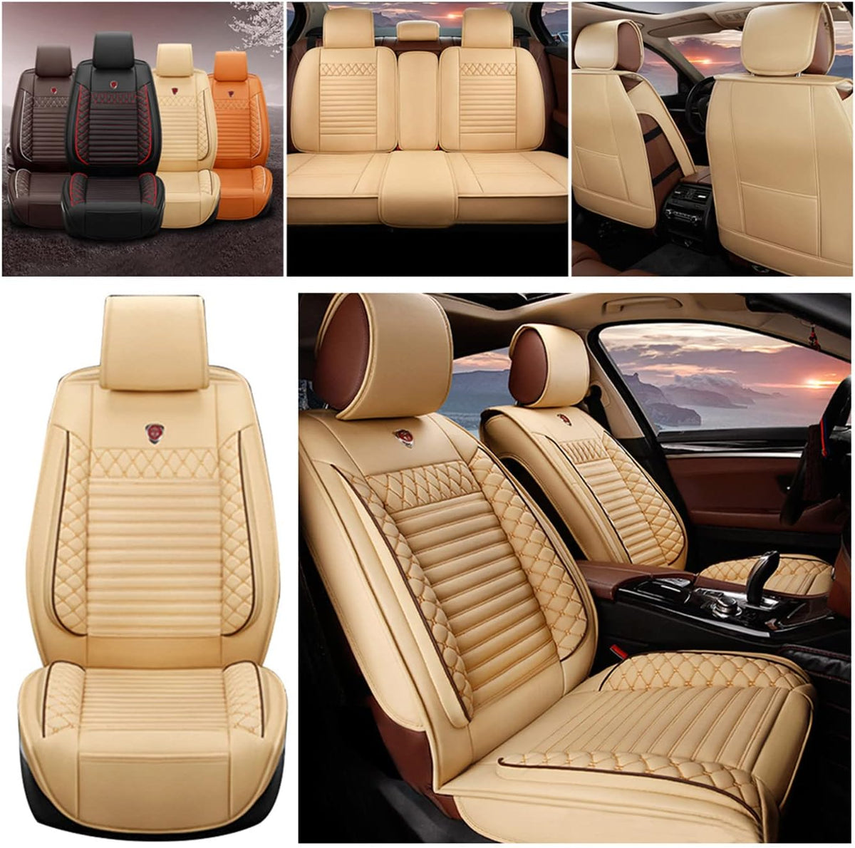 Beige PU Leather Waterproof Car Seat Cover Protectors A350234