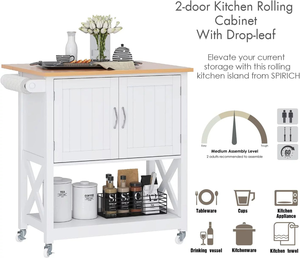White Kitchen Island on Wheels with Storage Cabinet and Drop Leaf G3567