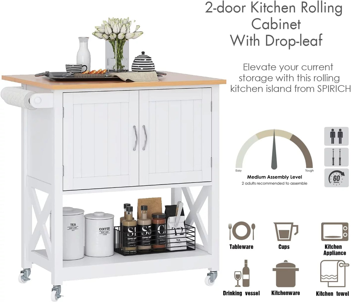 White Kitchen Island on Wheels with Storage Cabinet and Drop Leaf G3567