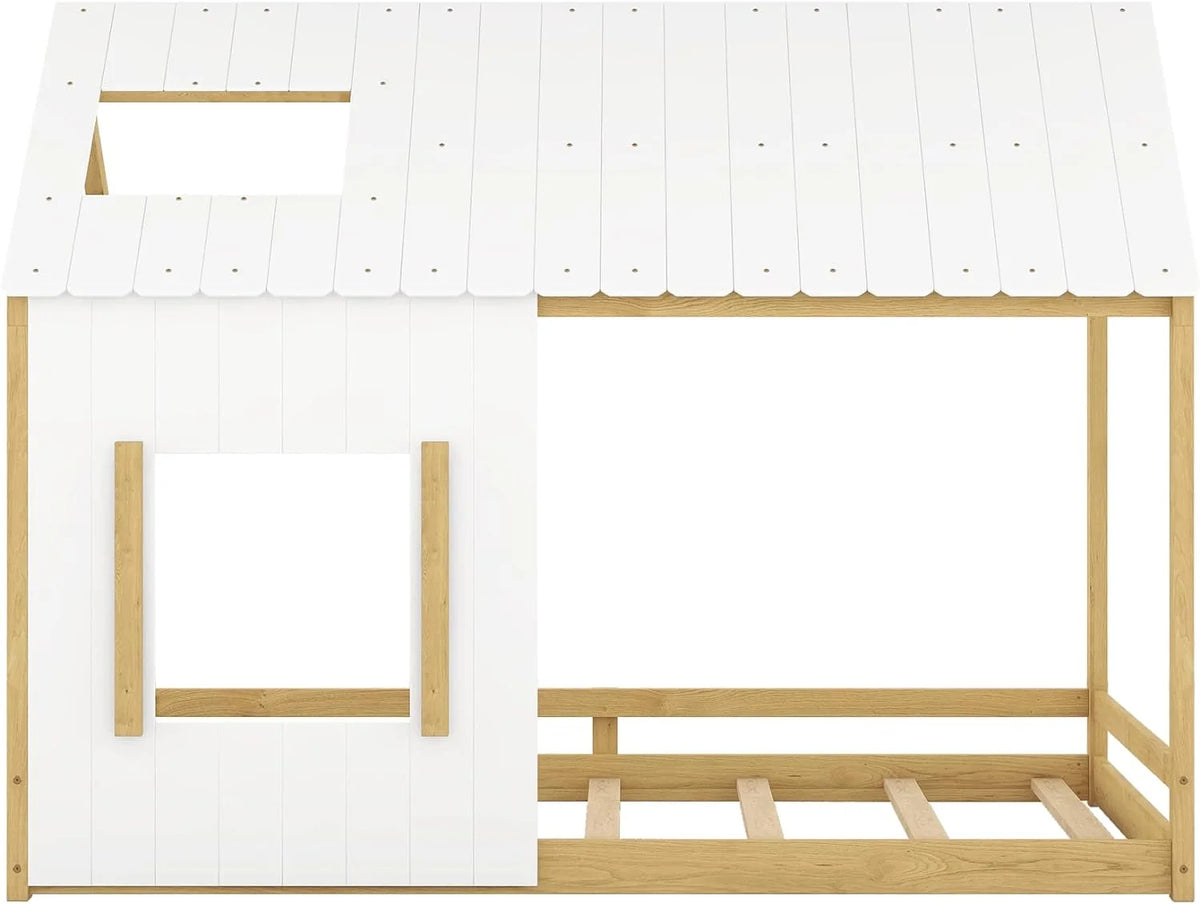 White Natural Full Size Wood House Bed with Roof and Window J267