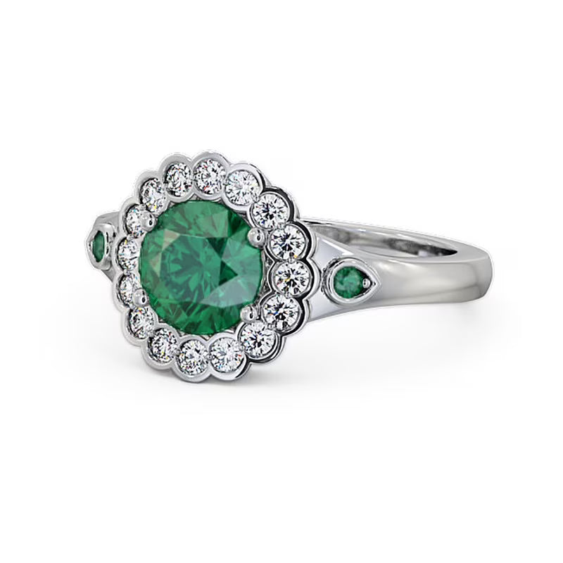 14K White Gold Floral Halo Round Cut Emerald Real Diamond Ring Size 7.5 P330