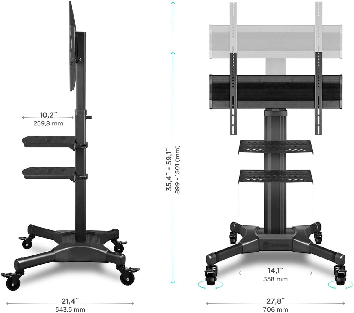 Mobile TV Stand Rolling TV Cart with Wheels for 32” – 55” LCD LED Flat Screen TVs with 2 Shelves Height Adjustable TV Trolley B963