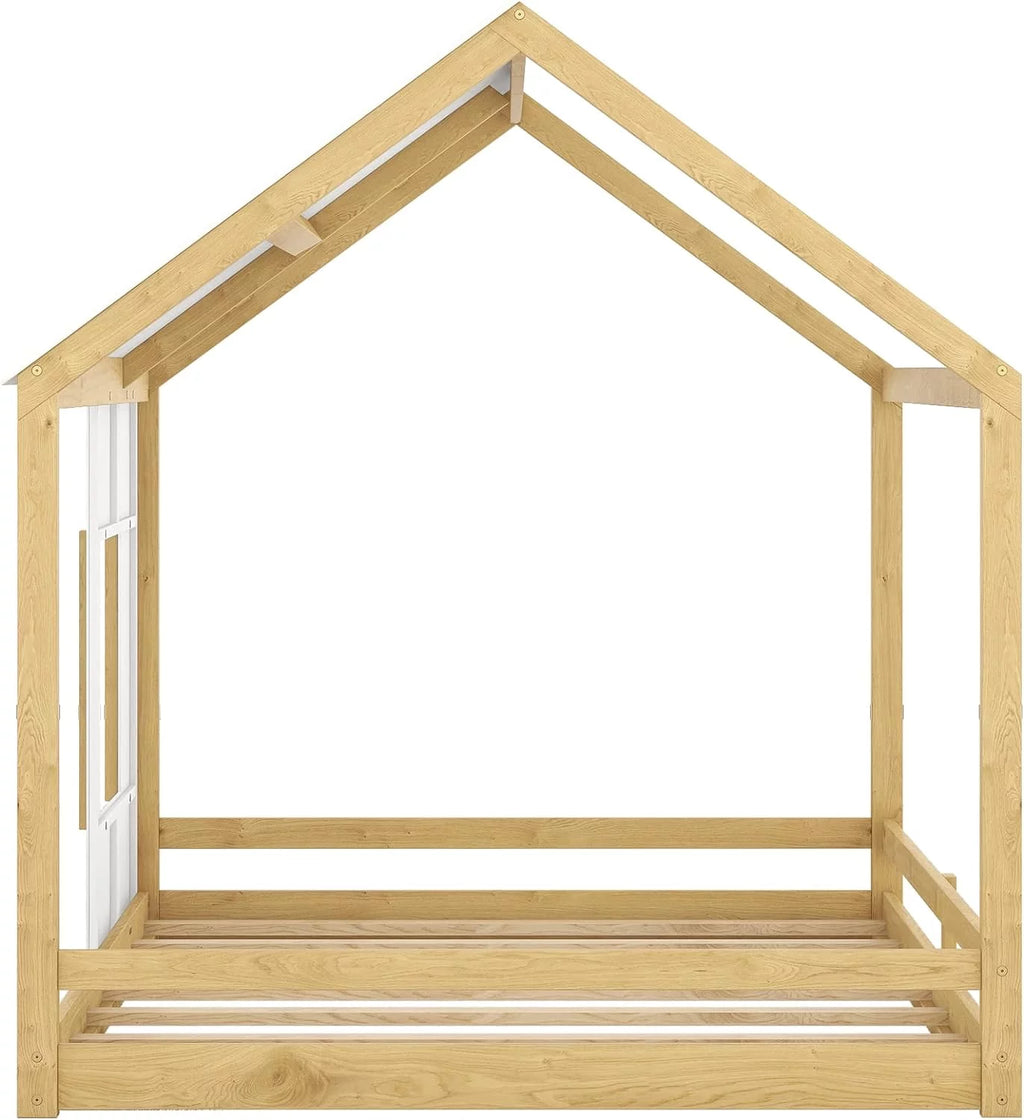 White Natural Full Size Wood House Bed with Roof and Window J267