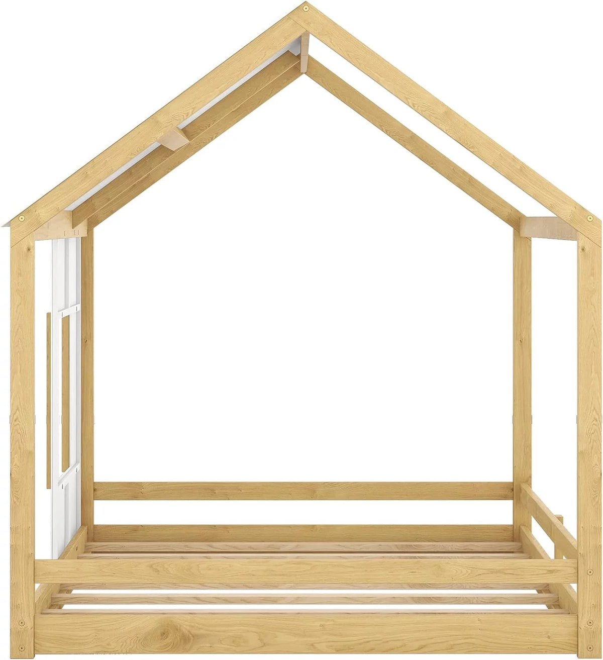 White Natural Full Size Wood House Bed with Roof and Window J267
