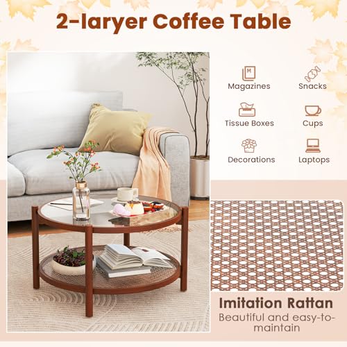 Rattan Round Glass Coffee Table with Storage Shelf X477709
