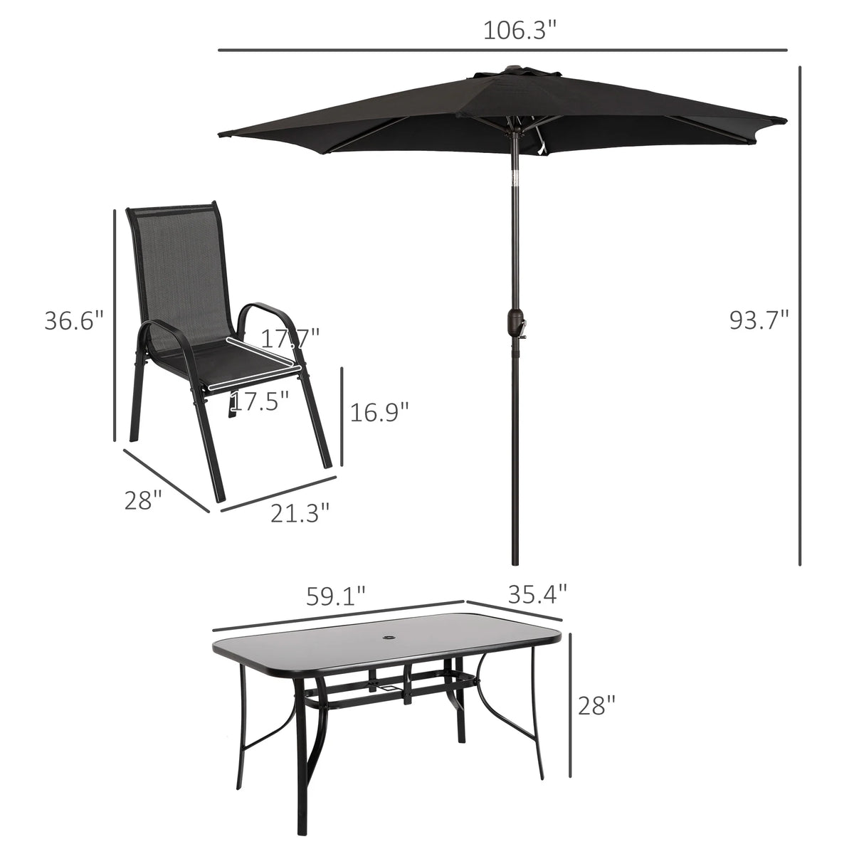 Black Patio Dining Set for Six with Umbrella U898563