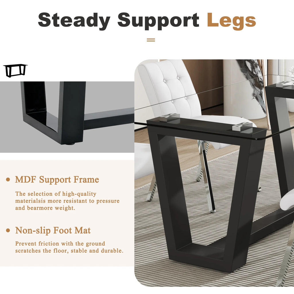 63" Rectangular Tempered Glass Dining Table with Black MDF Legs H8112