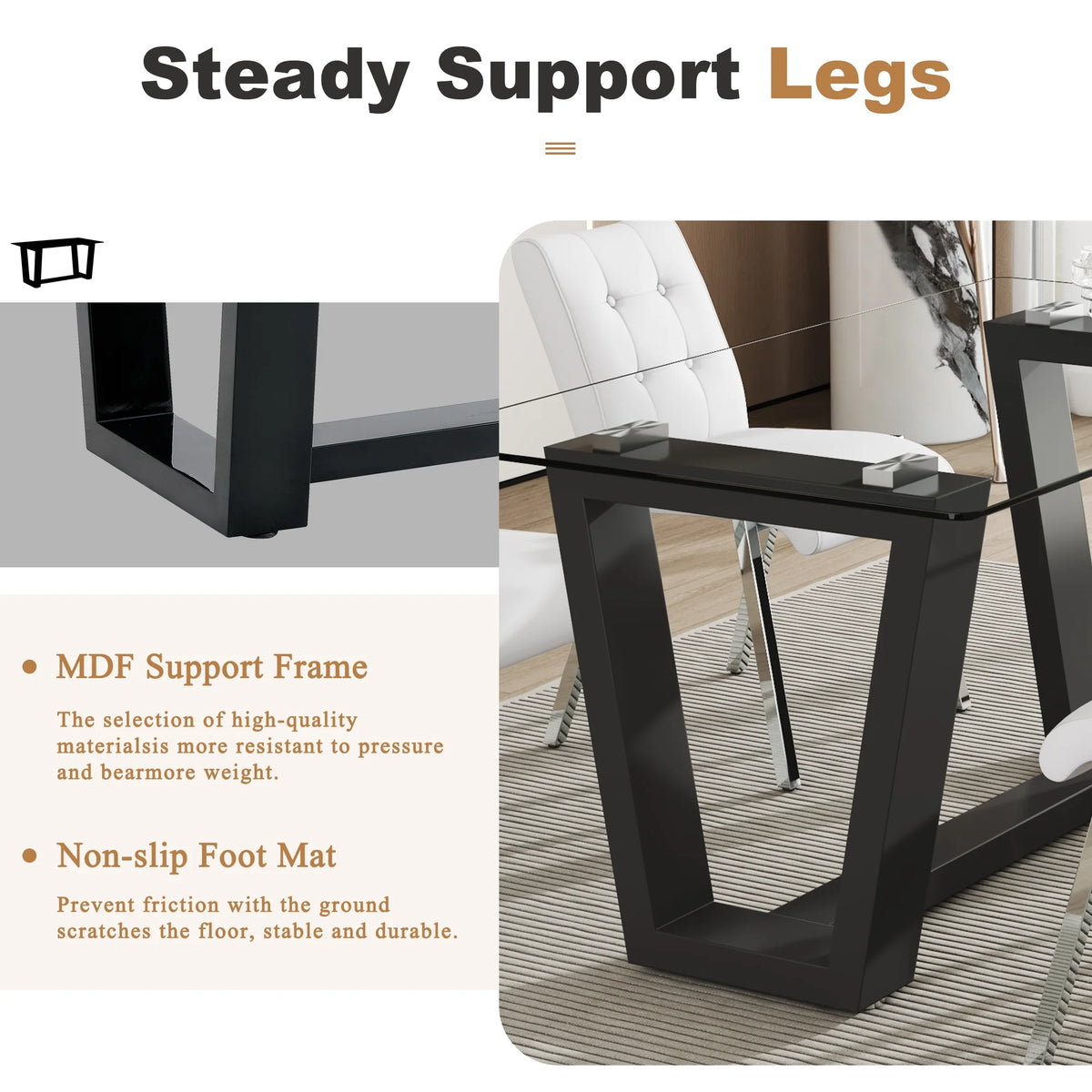 63" Rectangular Tempered Glass Dining Table with Black MDF Legs H8112