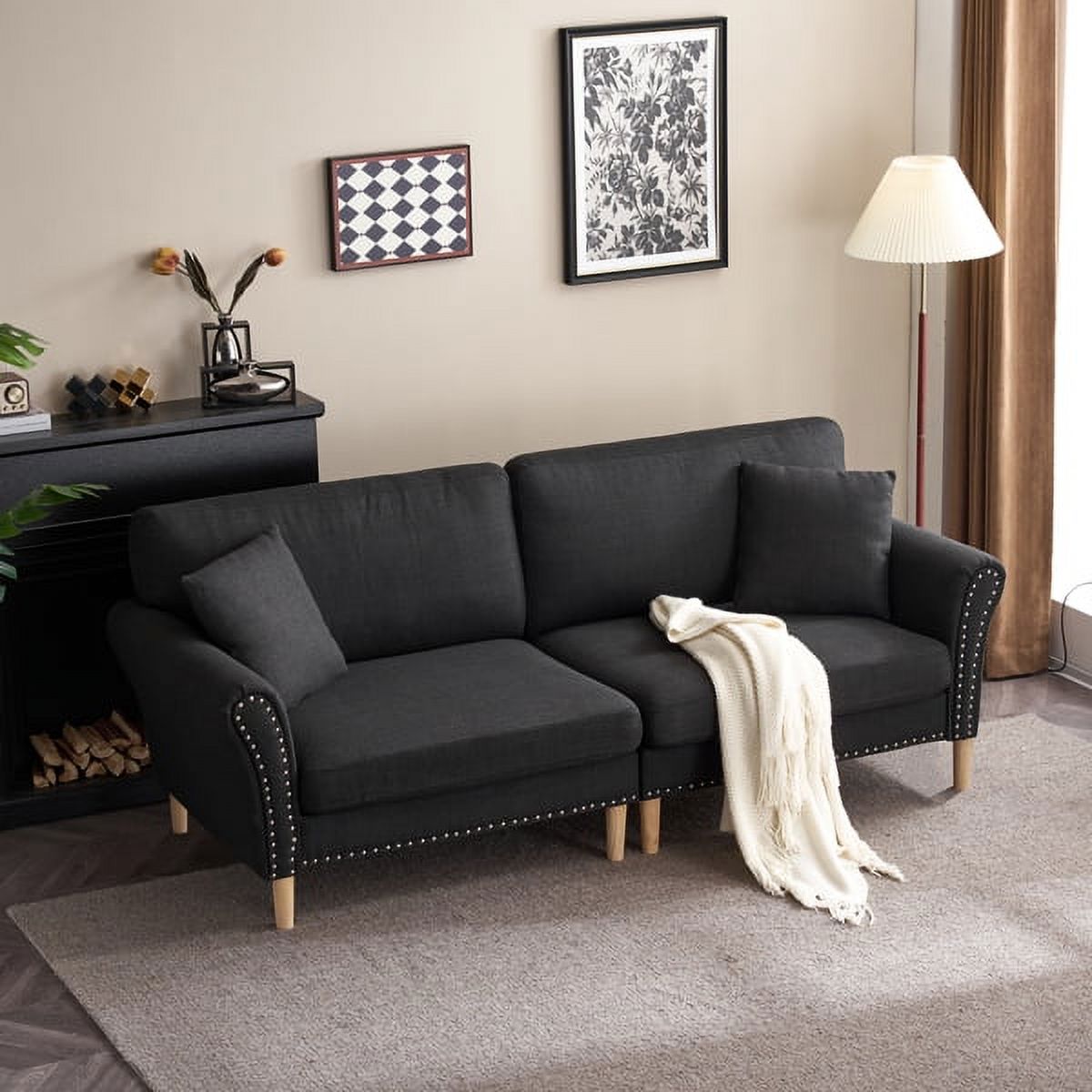Black Upholstered 2-Seat Loveseat Sofa with 2 Pillows T133079