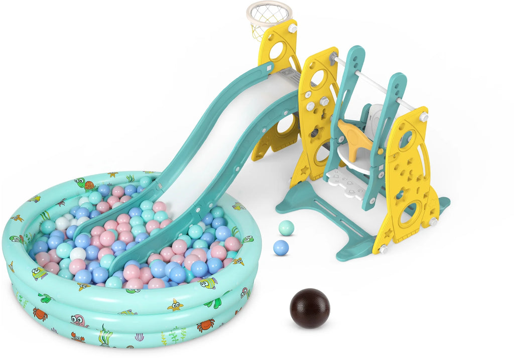 6 in 1 Toddler Slide and Swing Set with Basketball Hoop J305349