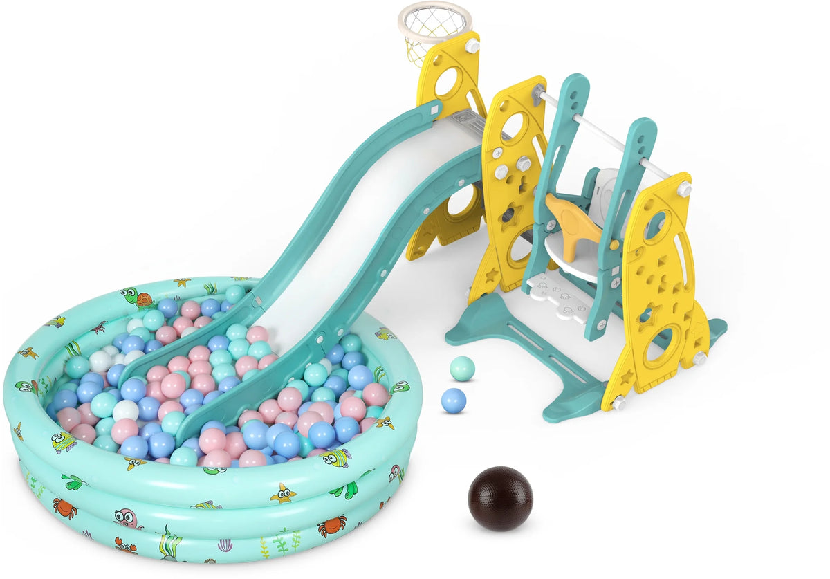 6 in 1 Toddler Slide and Swing Set with Basketball Hoop J305349
