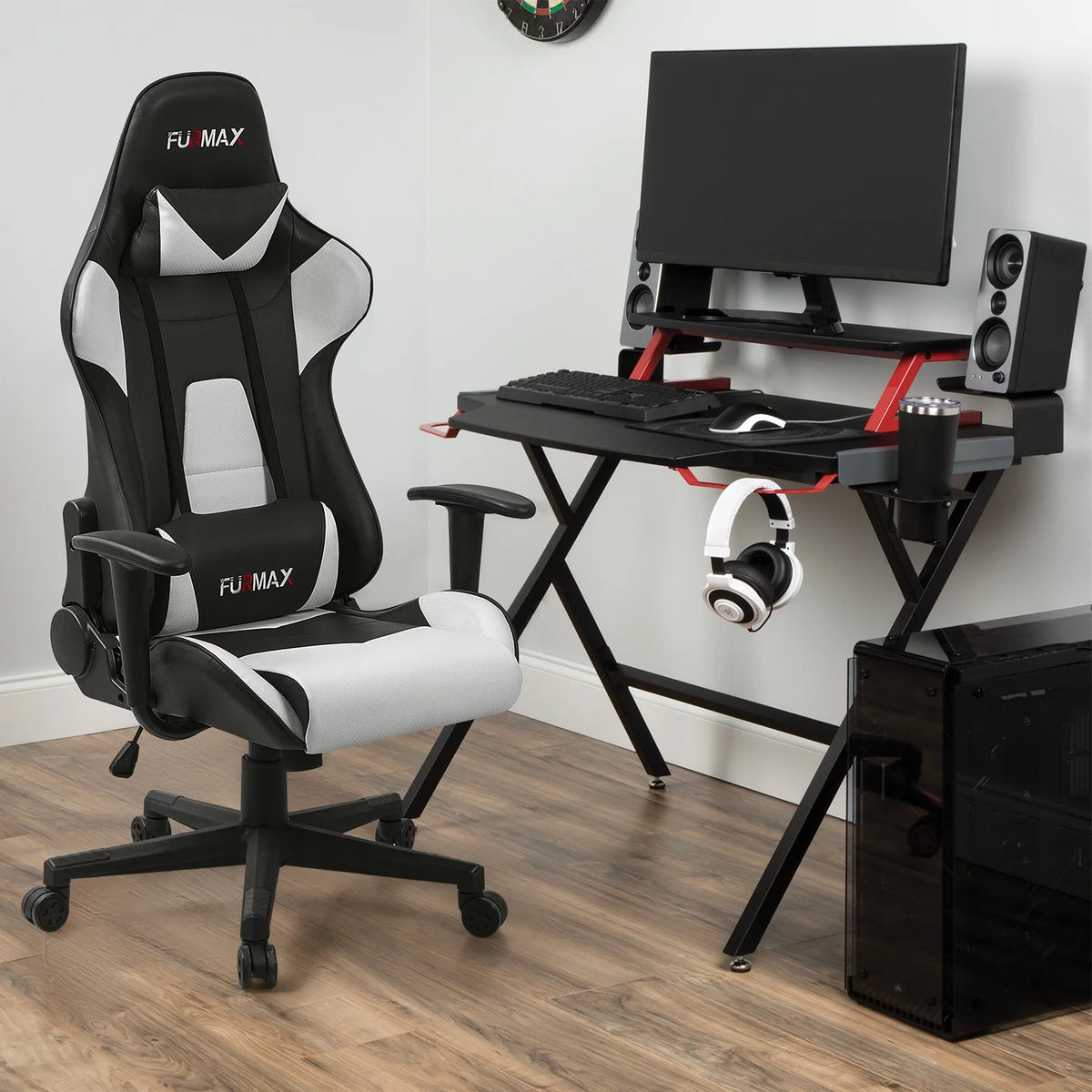 Black White High-Back Ergonomic Office Chair with Headrest and Lumbar Pillow Z617