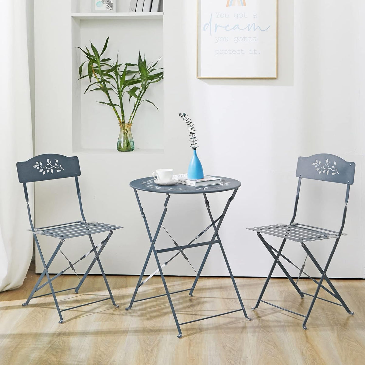 Grey 3 Piece Patio Bistro Set with Folding Chairs H61294