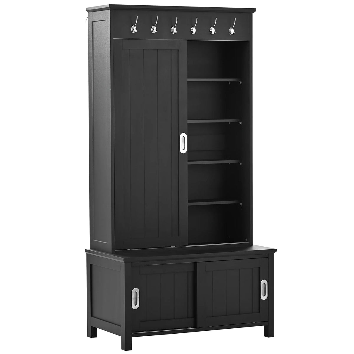 Black Wooden Hall Tree with Bench and Shoe Storage D608