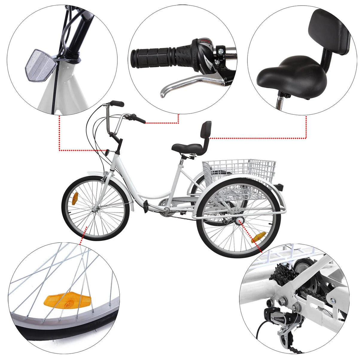 24 inch 7-Speed 3 Wheel Tricycle with Basket White/Yellow M29838