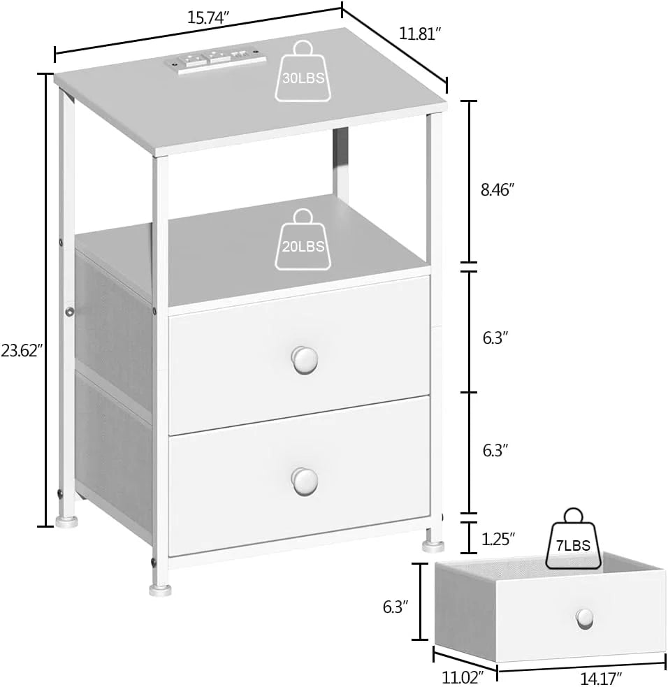 White Sofa End Table with Fabric Drawers and USB Ports I674661
