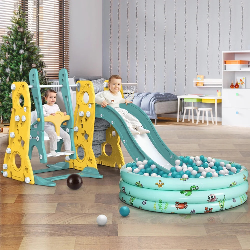 6 in 1 Toddler Slide and Swing Set with Basketball Hoop J305349