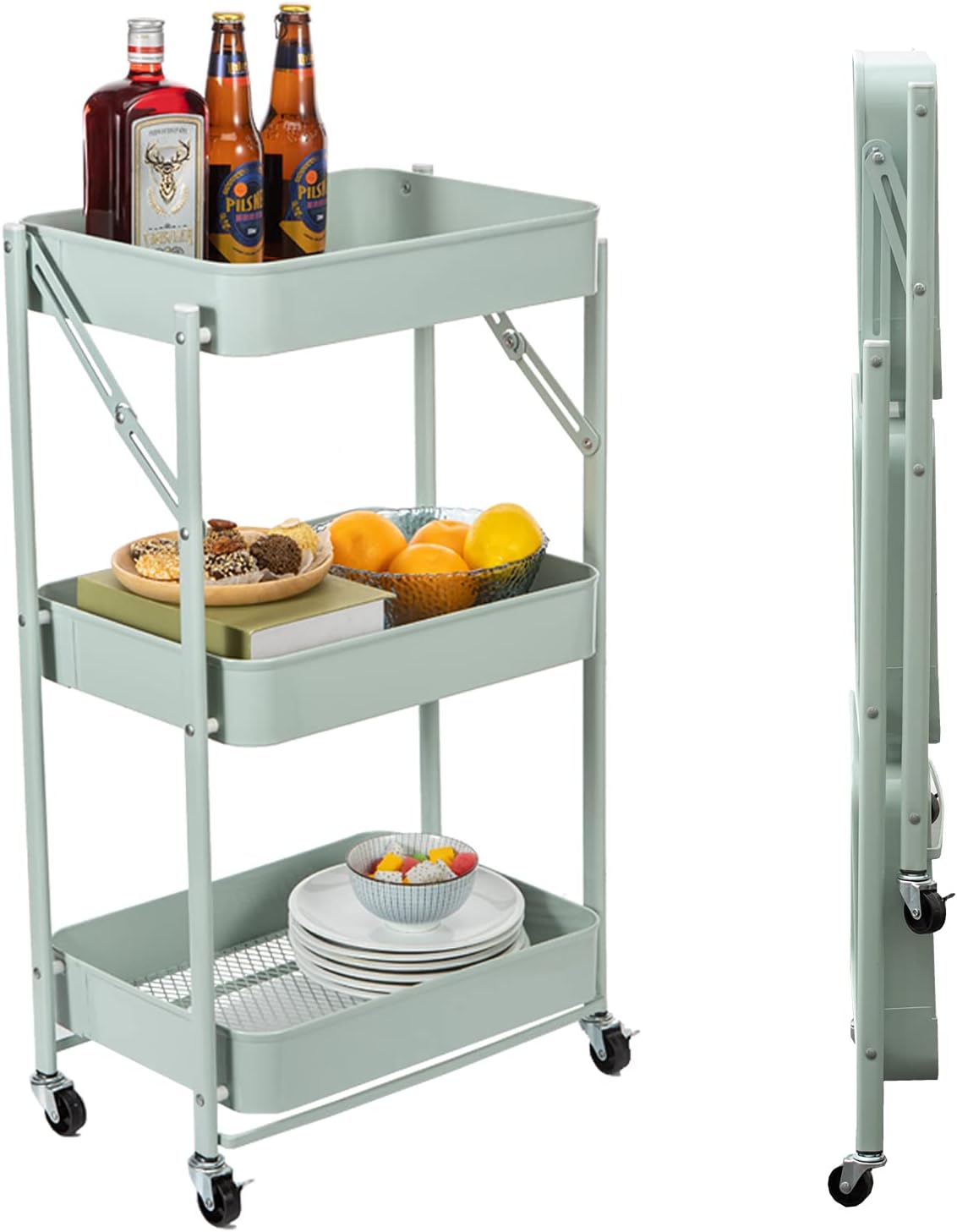 3 Tier Foldable Metal Rolling Cart with Wheels (Pink) S4930