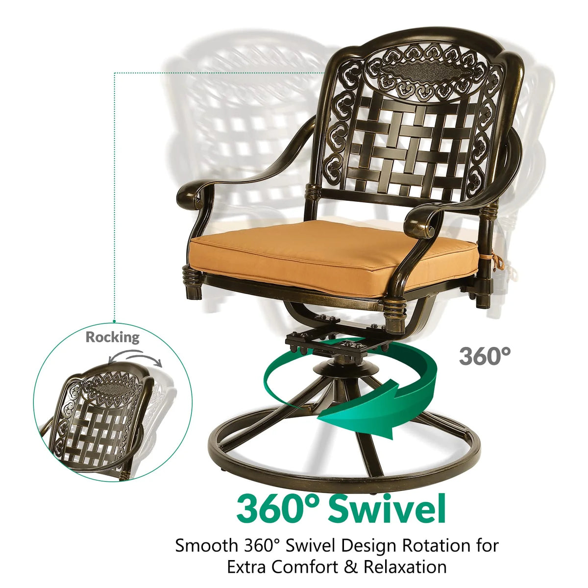 2-Piece Cast Aluminum Swivel Rocker Patio Dining Chairs with Cushion I818