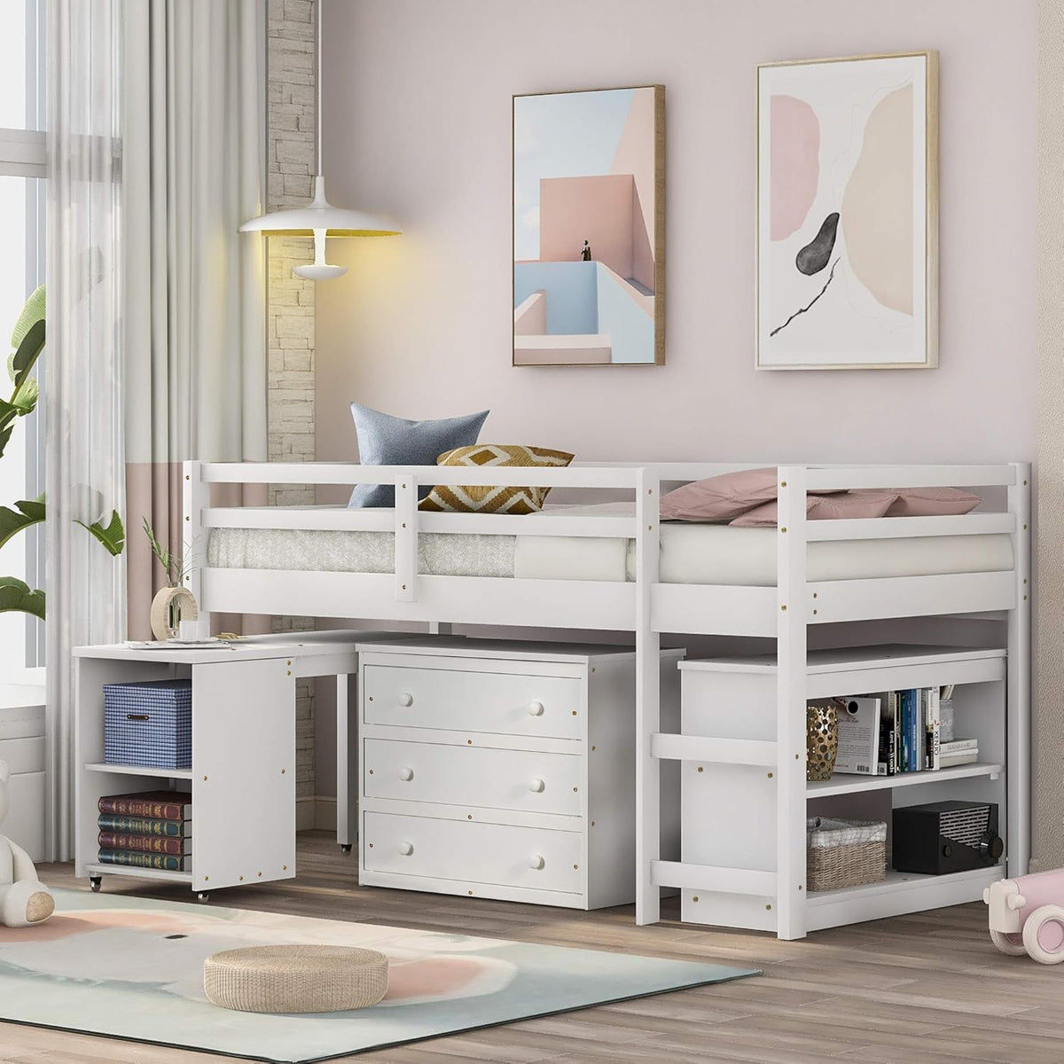 Espresso Wood Twin Loft Bed with Cabinet and Desk Z952