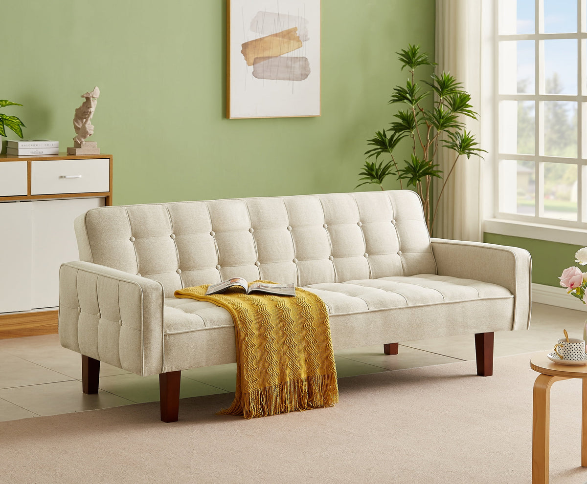 Beige Linen Tufted Convertible Sleeper Sofa H302334