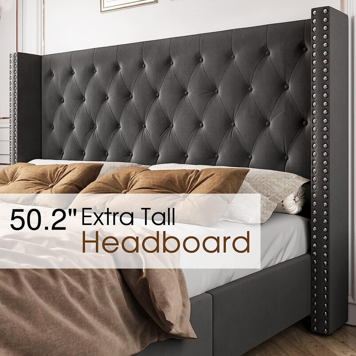 King Size Velvet Upholstered Platform Bed Frame N797