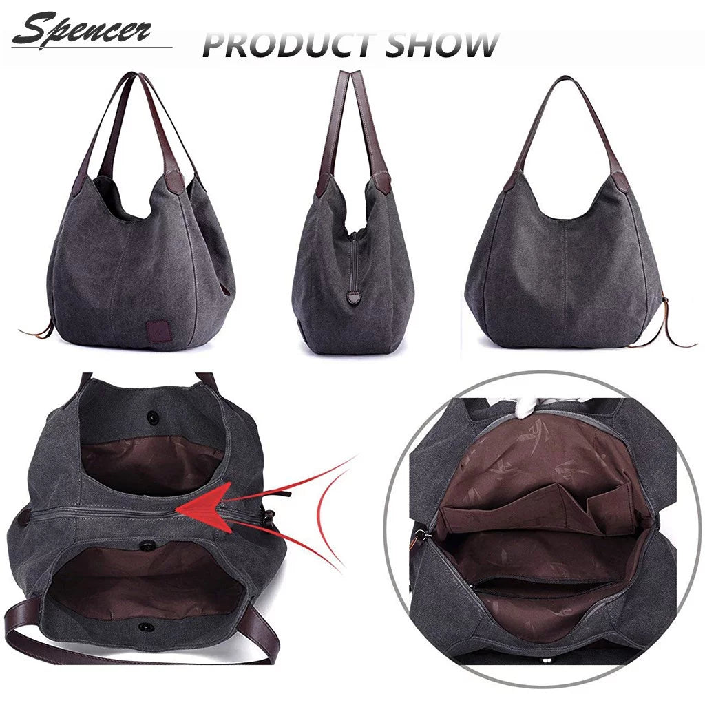 Women's Multi-pocket Cotton Canvas Tote Bag B23390